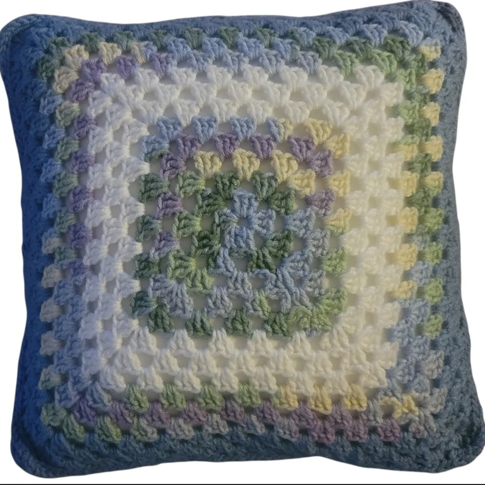 Crocheted Granny Square Pillow Vibrant Colors Decorative Cozy 13.5" Sq. - Picture 3 of 7